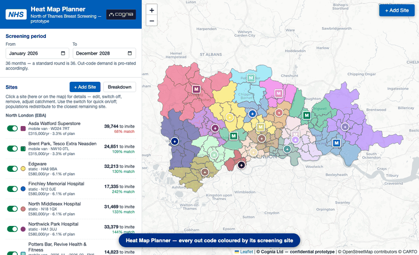 Heat Map Planner: switching a screening site off and watching catchments redistribute automatically